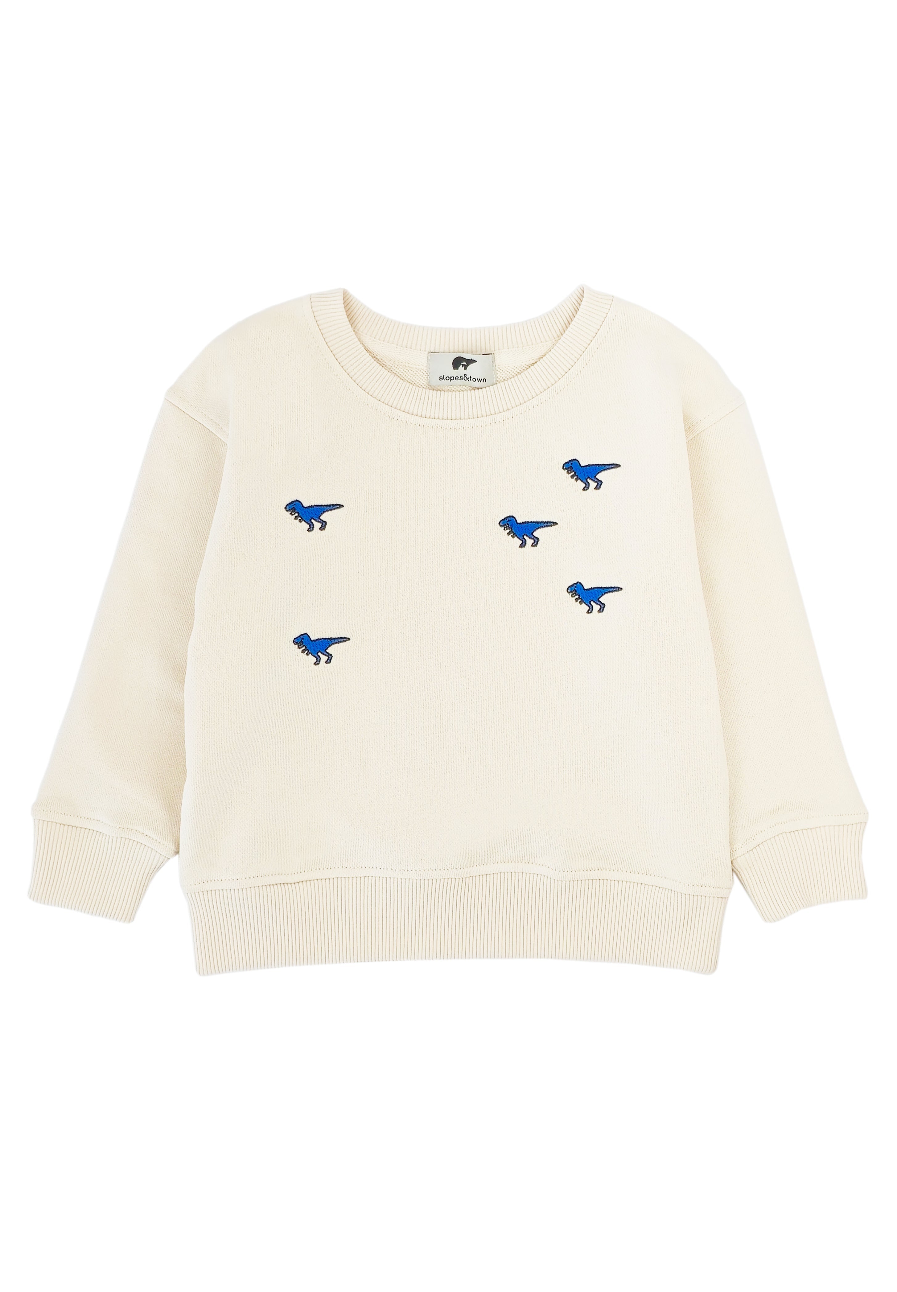 Kids' beige organic cotton sweatshirt with embroidered dinosaur design, front view