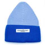 Kids merino wool beanies in icy blue and electric blue
