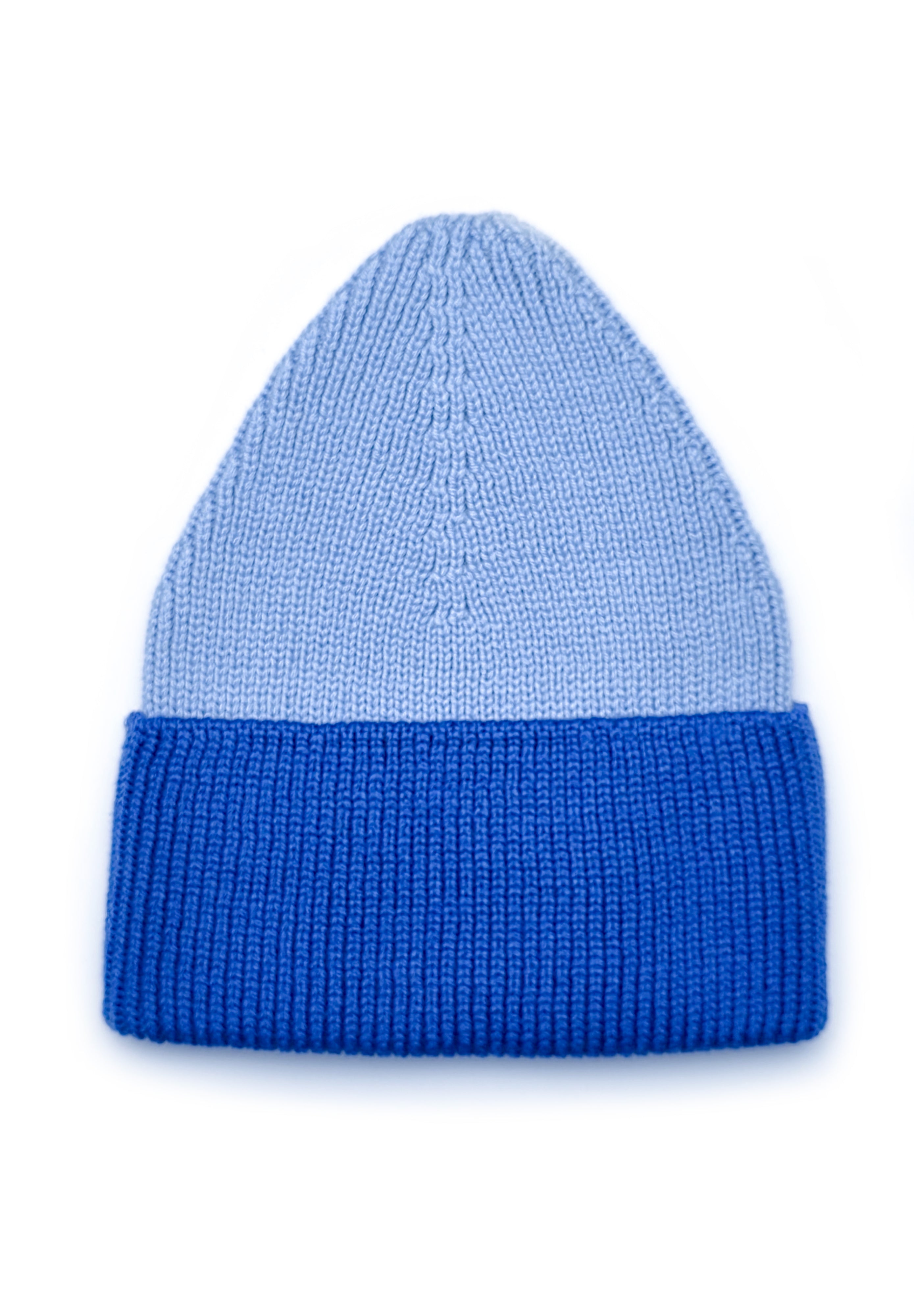Kids merino wool beanies in icy blue and electric blue