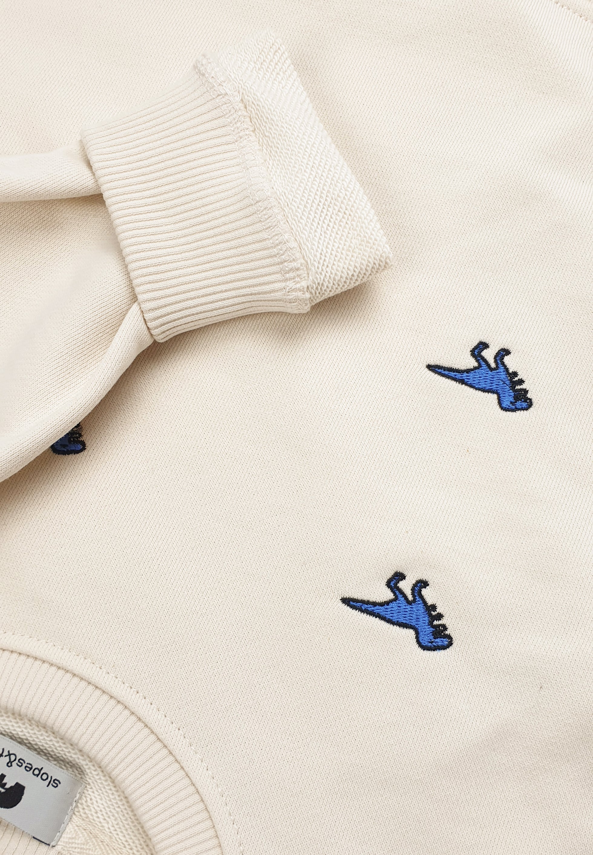 Close-up of dinosaur embroidery on beige kids' organic cotton sweatshirt