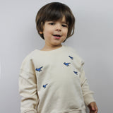 Child wearing beige organic cotton sweatshirt with embroidered dinosaur design