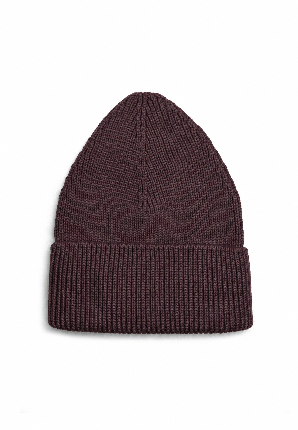 A dark plum purple ribbed knit beanie hat