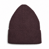 A dark plum purple ribbed knit beanie hat