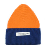 Orange and navy blue merino wool beanies for kids