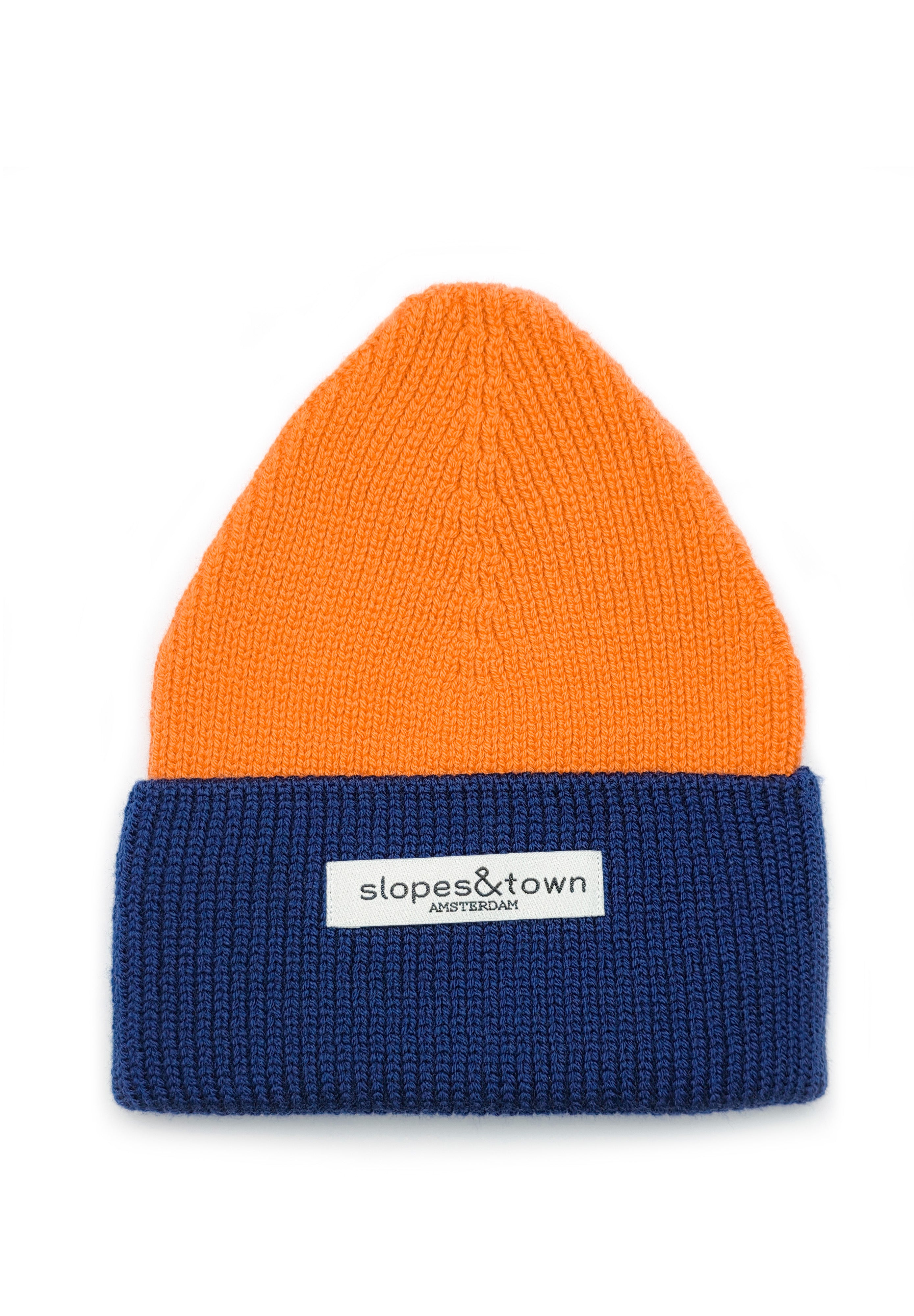 Orange and navy blue merino wool beanies for kids