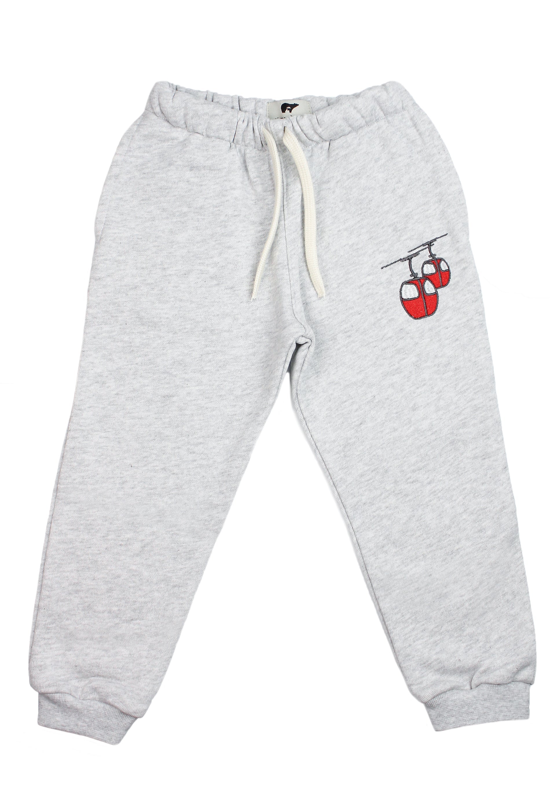 Slopes and Town Kids grey organic cotton sweatpants with red alpine gondola design