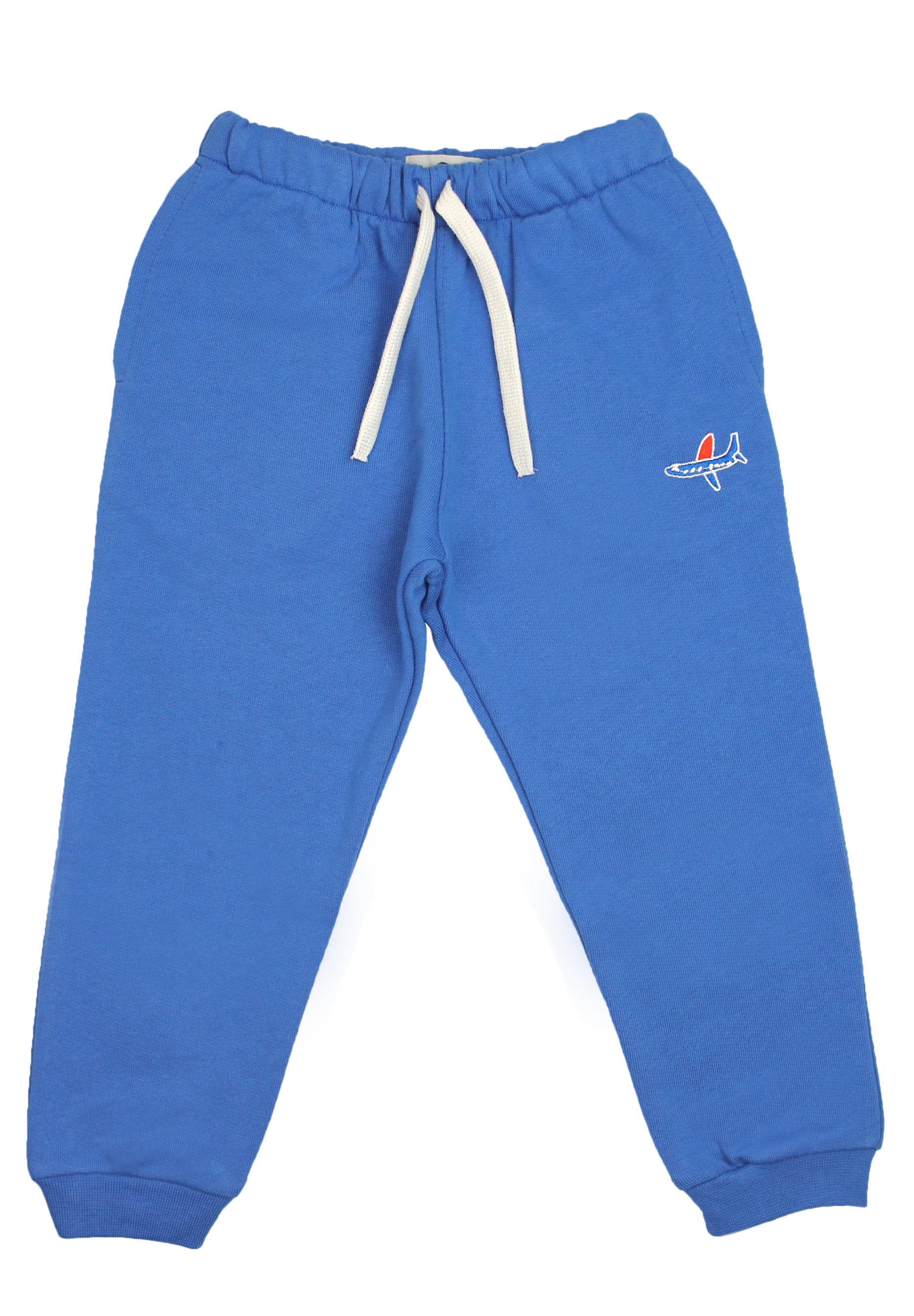 Blue tracksuit bottoms with embroidered airplane design