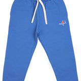 Slopes and Town Kids blue organic cotton sweatpants with embroidered airplane design