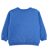 Back view of blue kids' organic cotton sweatshirt with airplane embroidery