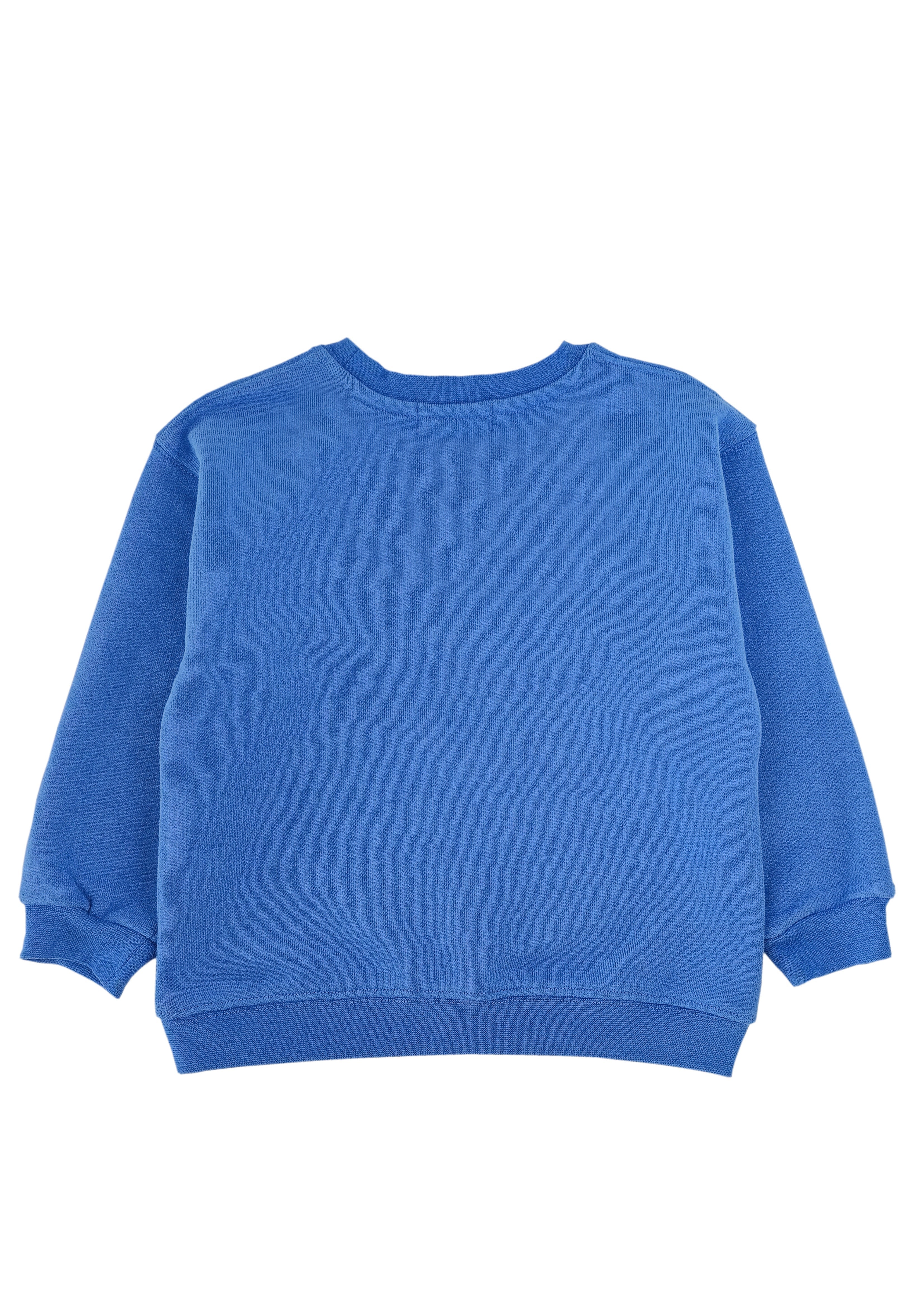 Back view of blue kids' organic cotton sweatshirt with airplane embroidery