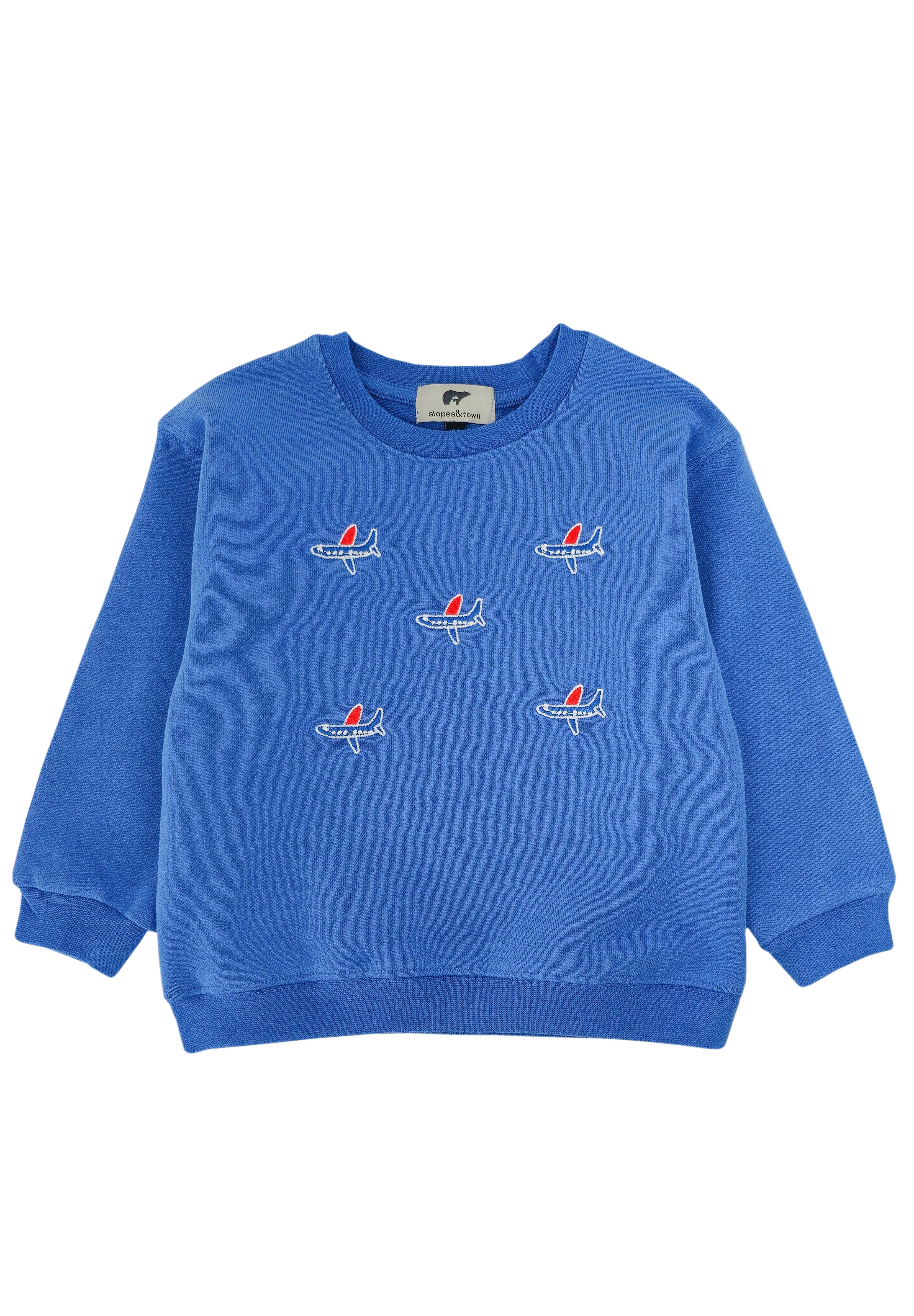 Kids’ blue organic cotton sweatshirt with airplane embroidery, front view