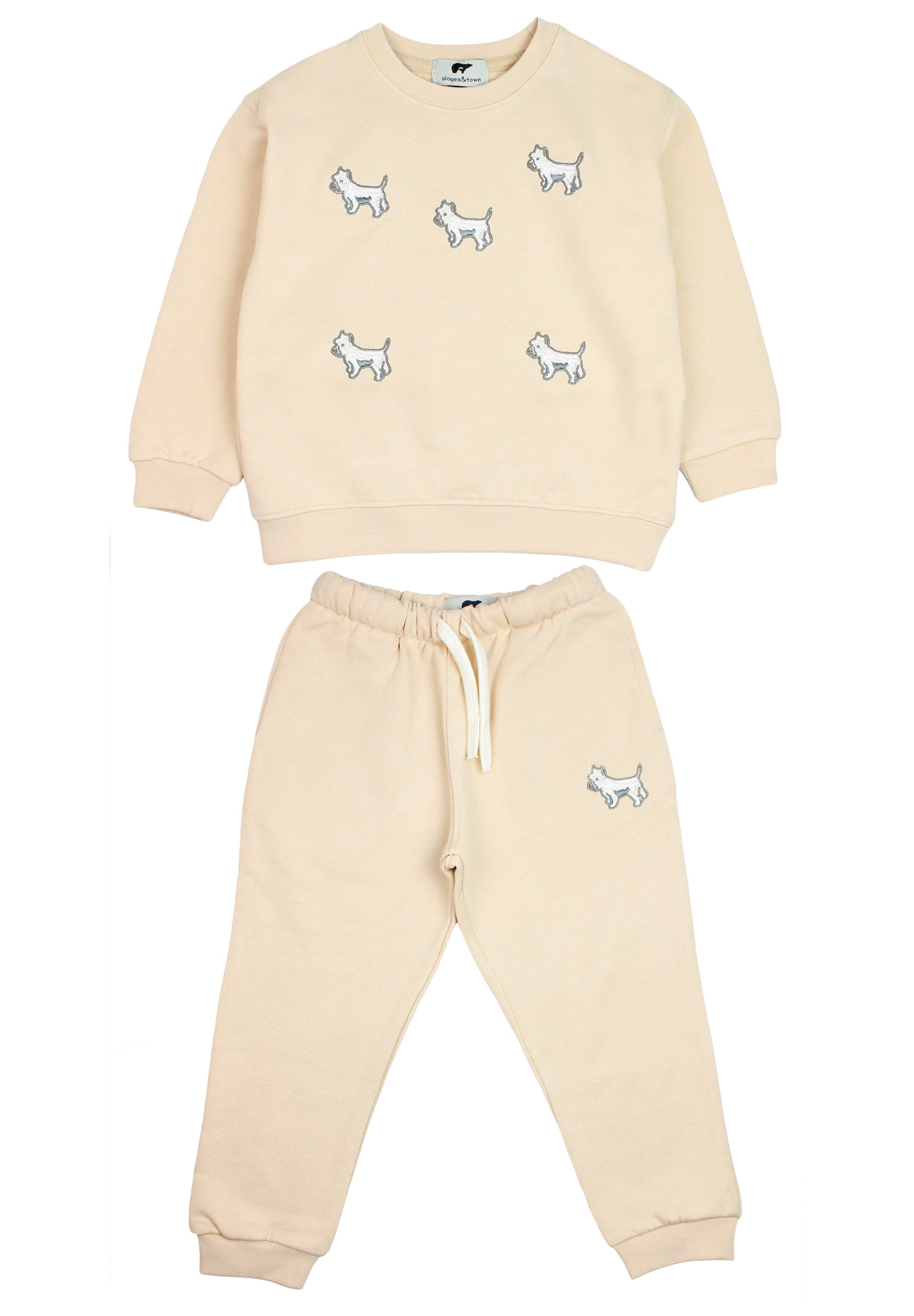 Slopes and Town Kids beige organic cotton tracksuit with embroidered white terrier design