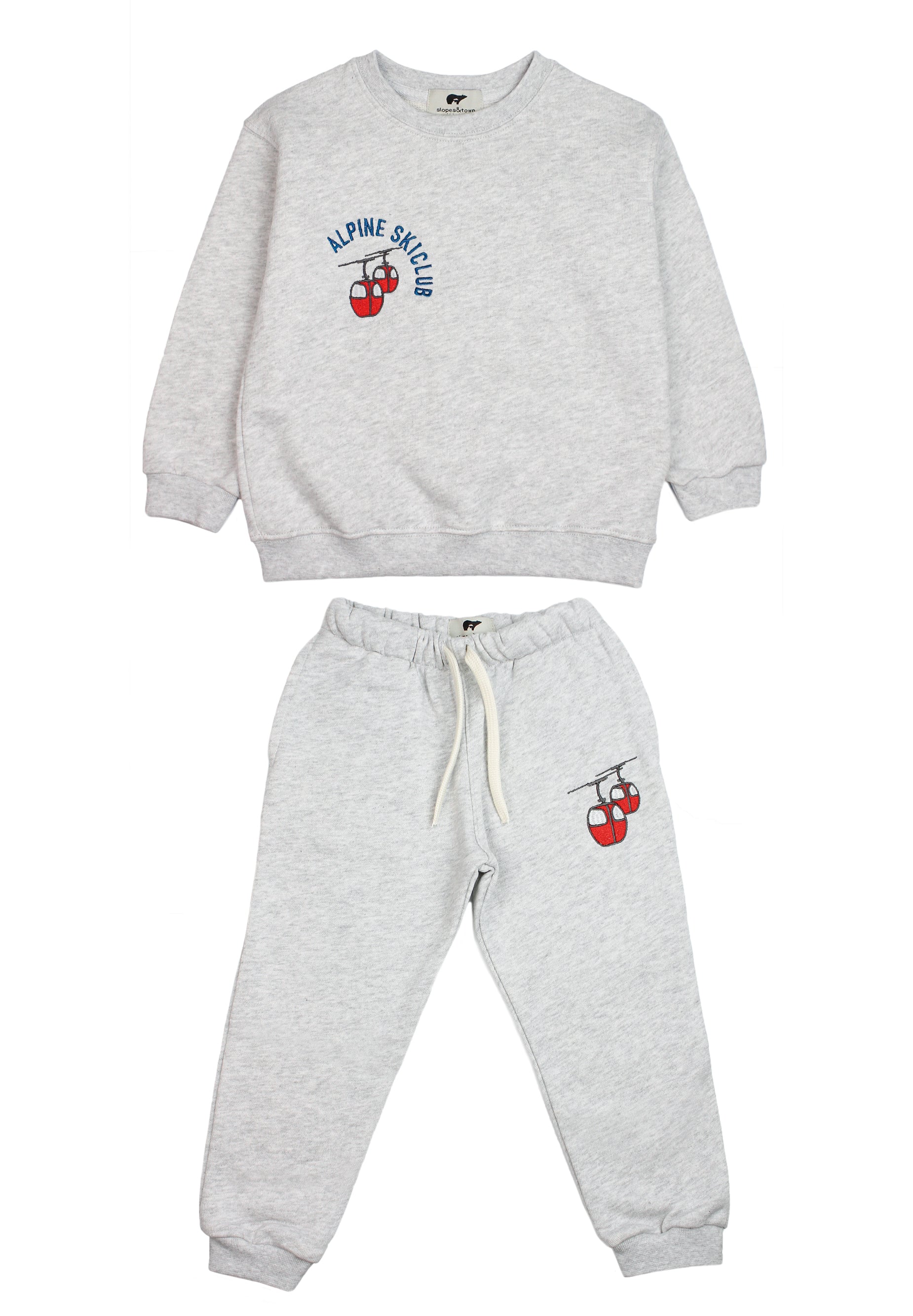Slopes and Town Kids grey organic cotton tracksuit with red alpine gondola design
