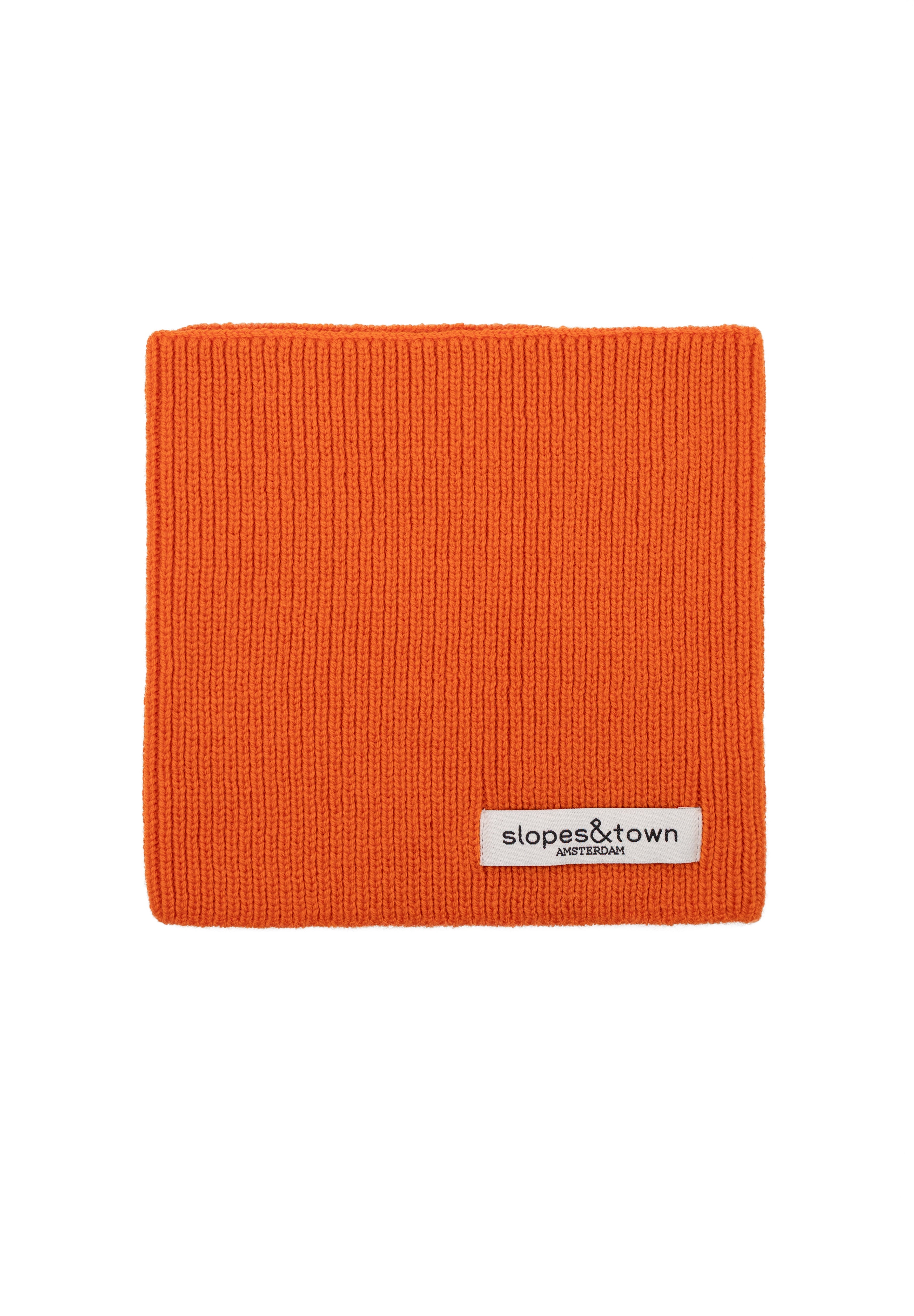 Kids merino wool snood in orange, front view with Slopes and Town Amsterdam woven label