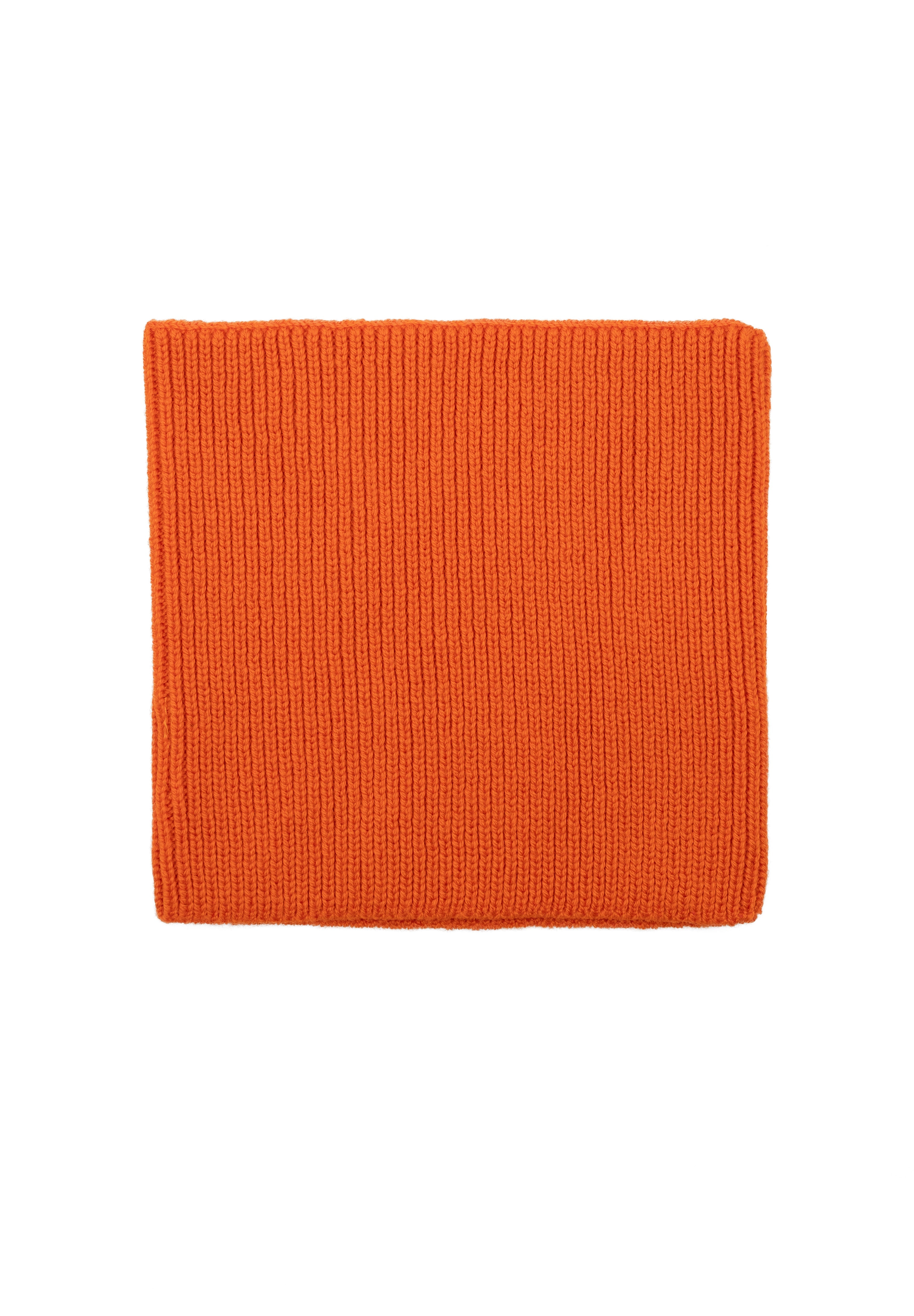 Kids merino wool snood in orange, back view showing ribbed knit texture