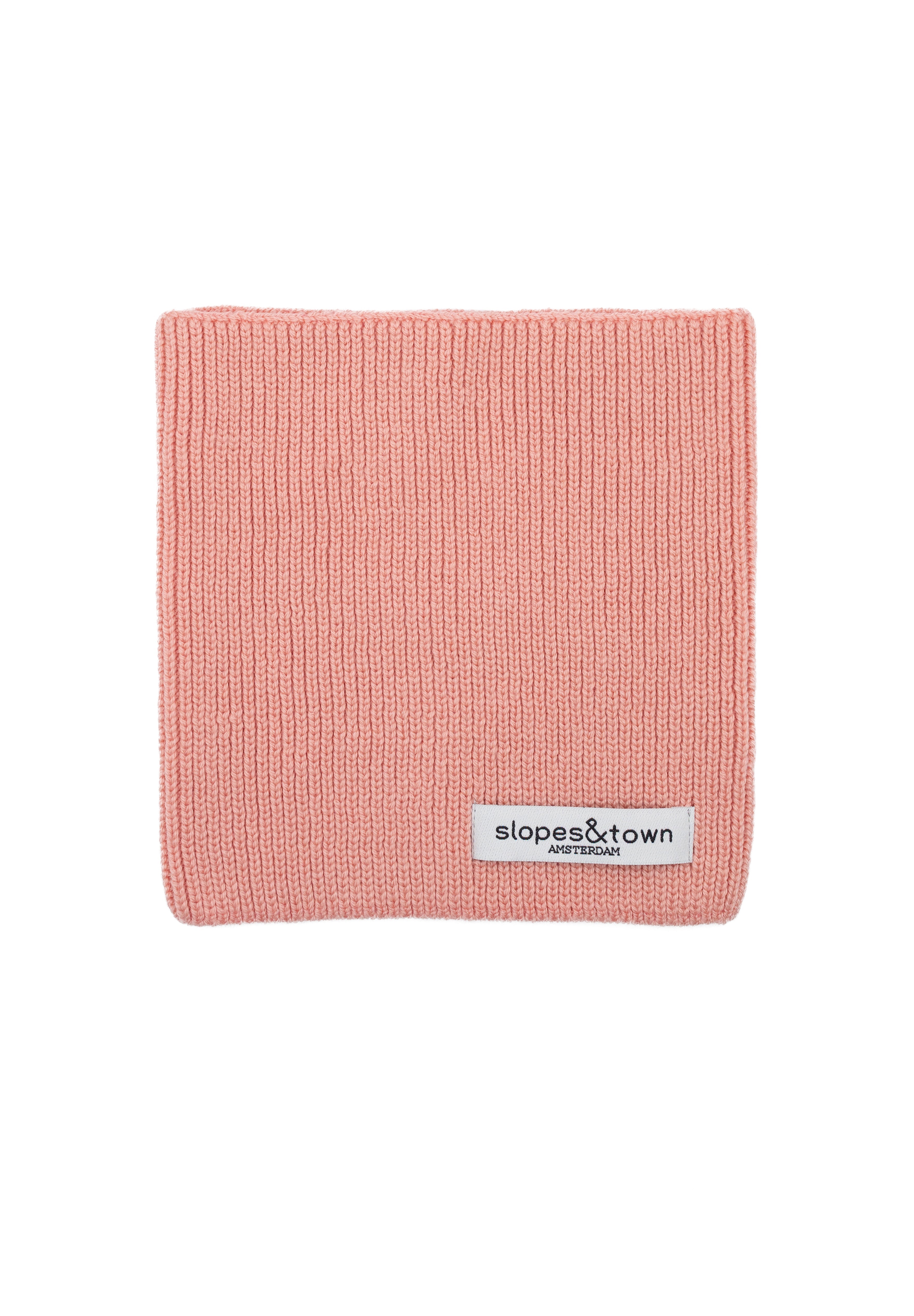 Kids merino wool snood in soft pink, front view with Slopes and Town Amsterdam woven label