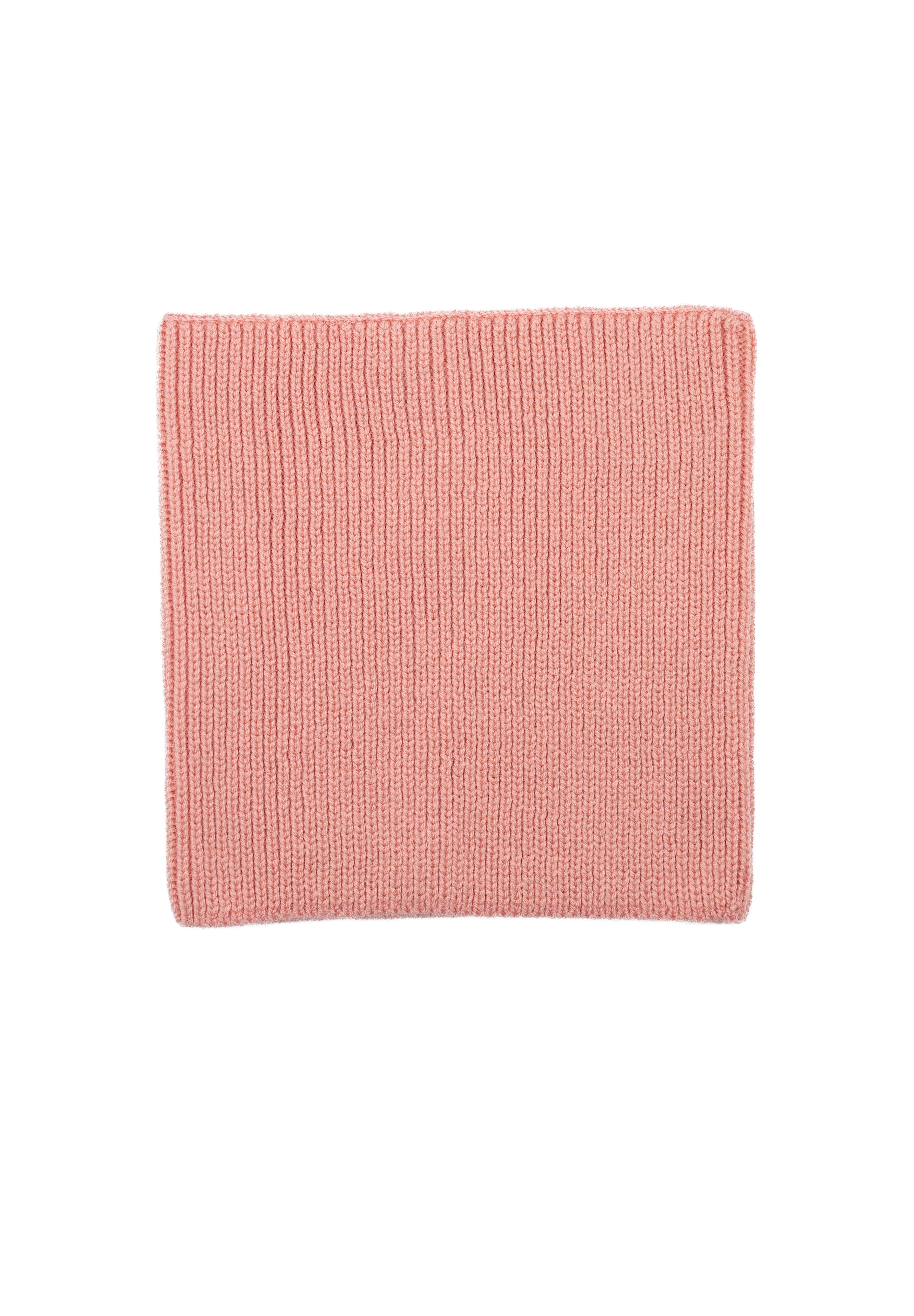 Kids merino wool snood in soft pink, back view showing ribbed knit texture