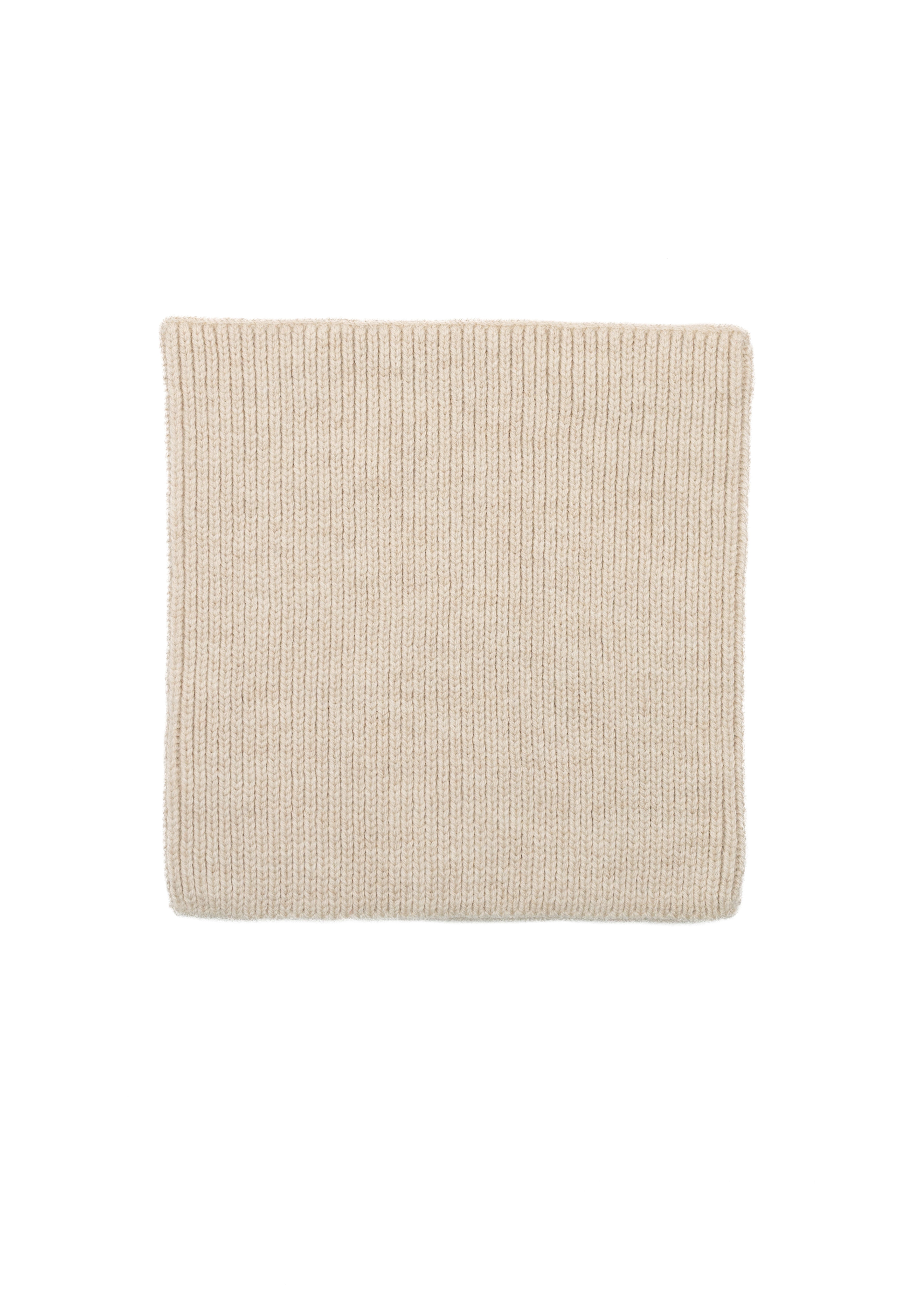 Kids merino wool snood in latte beige, back view showing ribbed knit texture