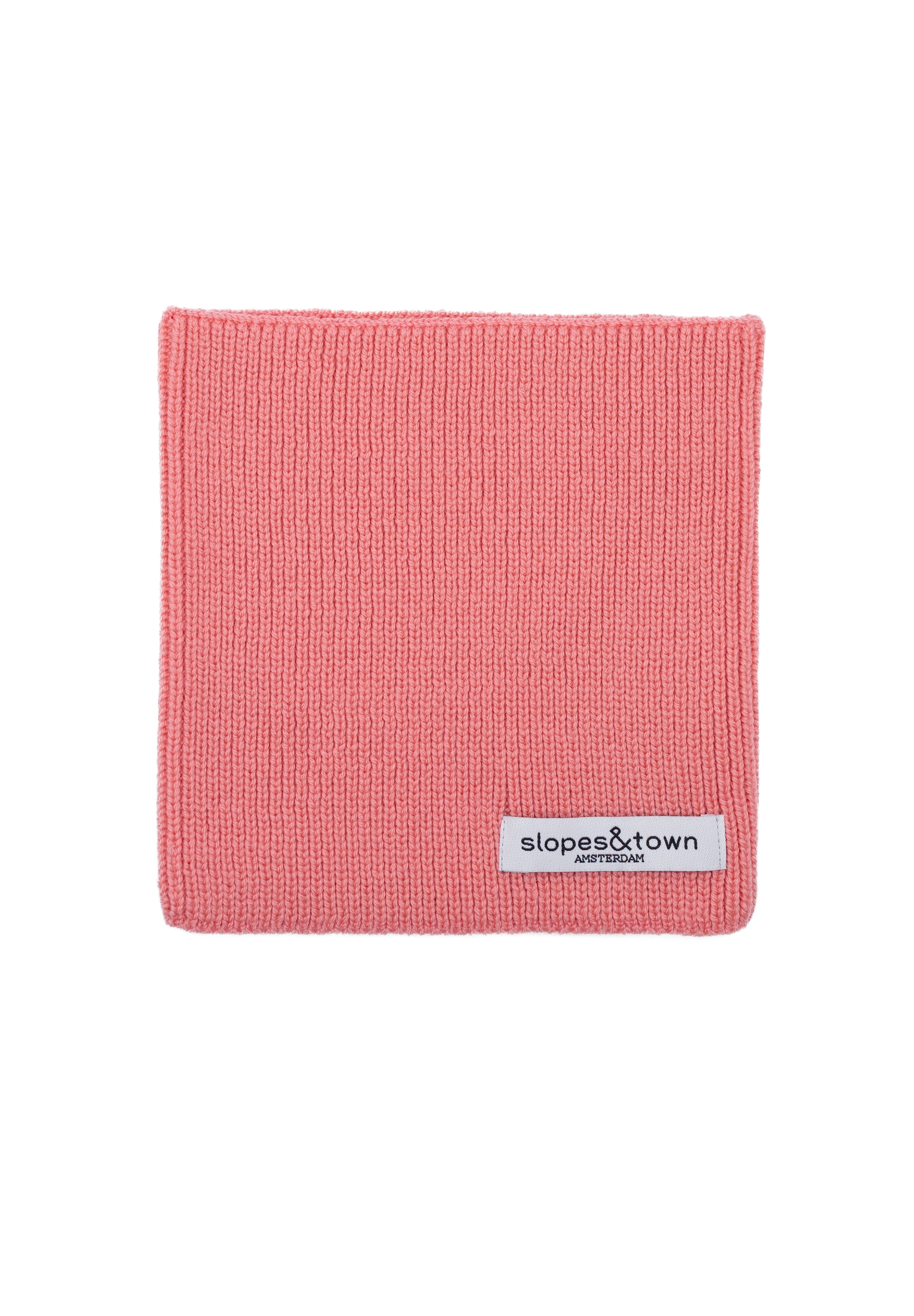 Kids merino wool snood in lemonade pink, front view with Slopes and Town Amsterdam woven label