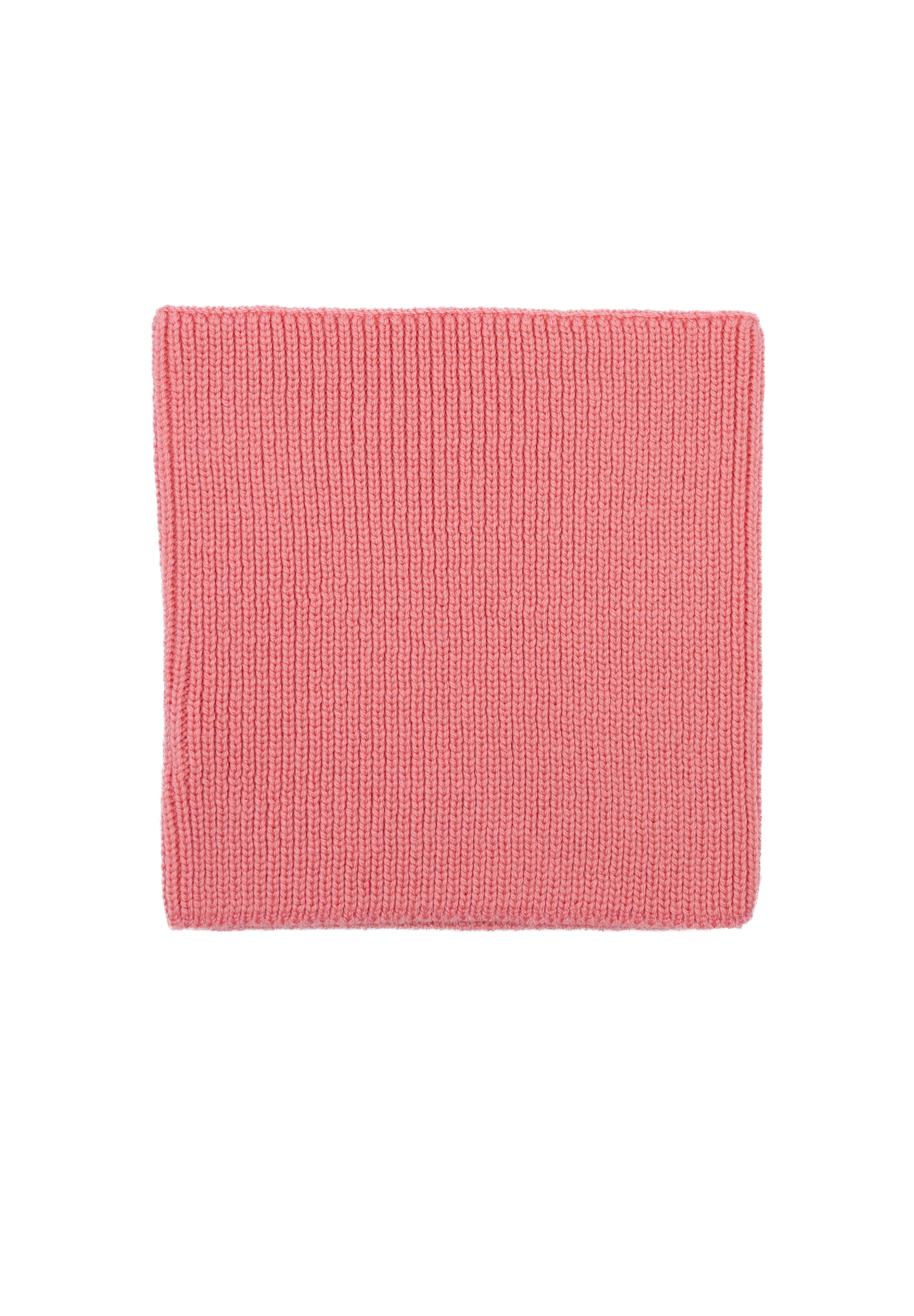 Kids merino wool snood in lemonade pink, back view showing ribbed knit texture