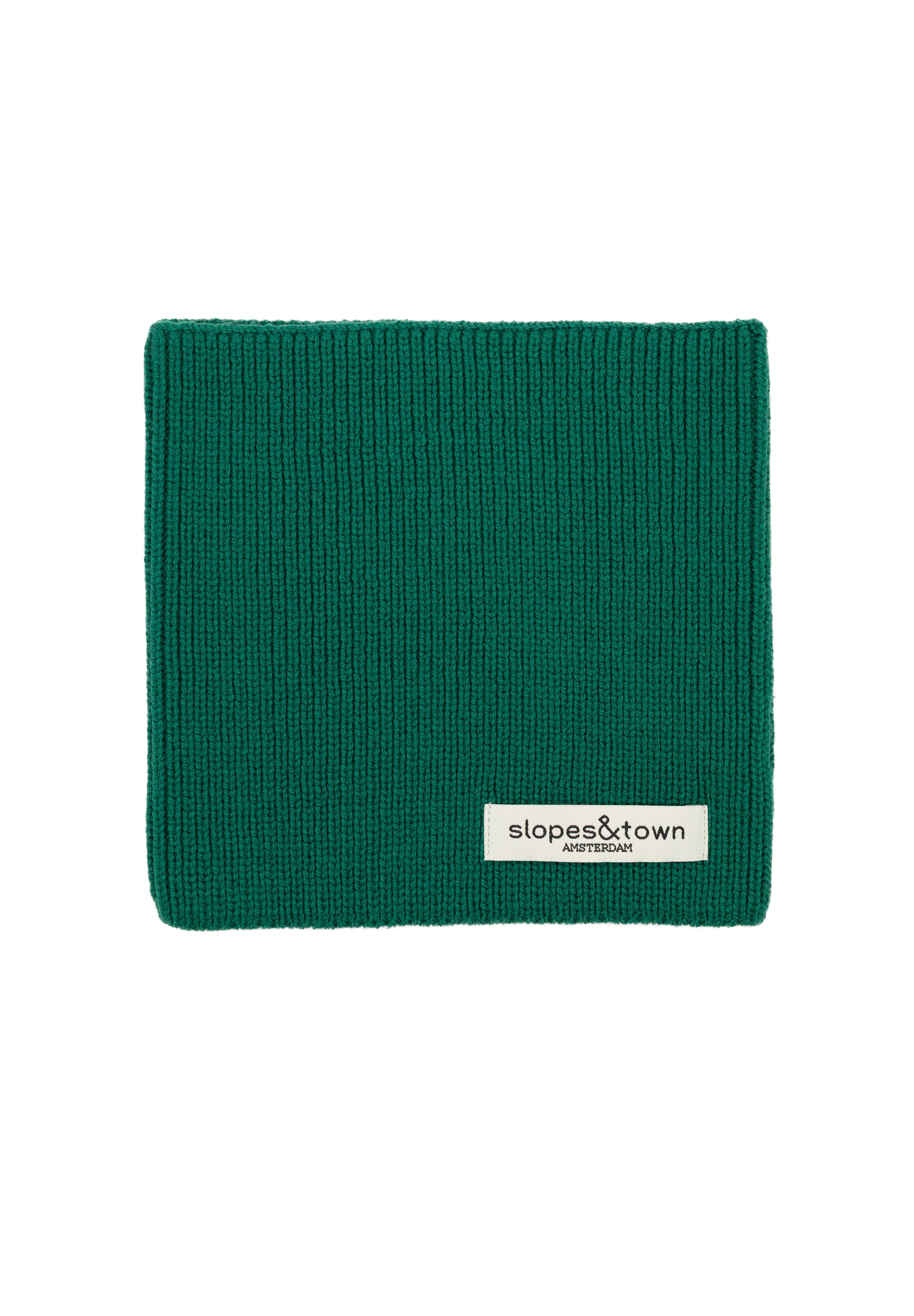 Kids merino wool snood in pine green, front view with Slopes and Town Amsterdam woven label