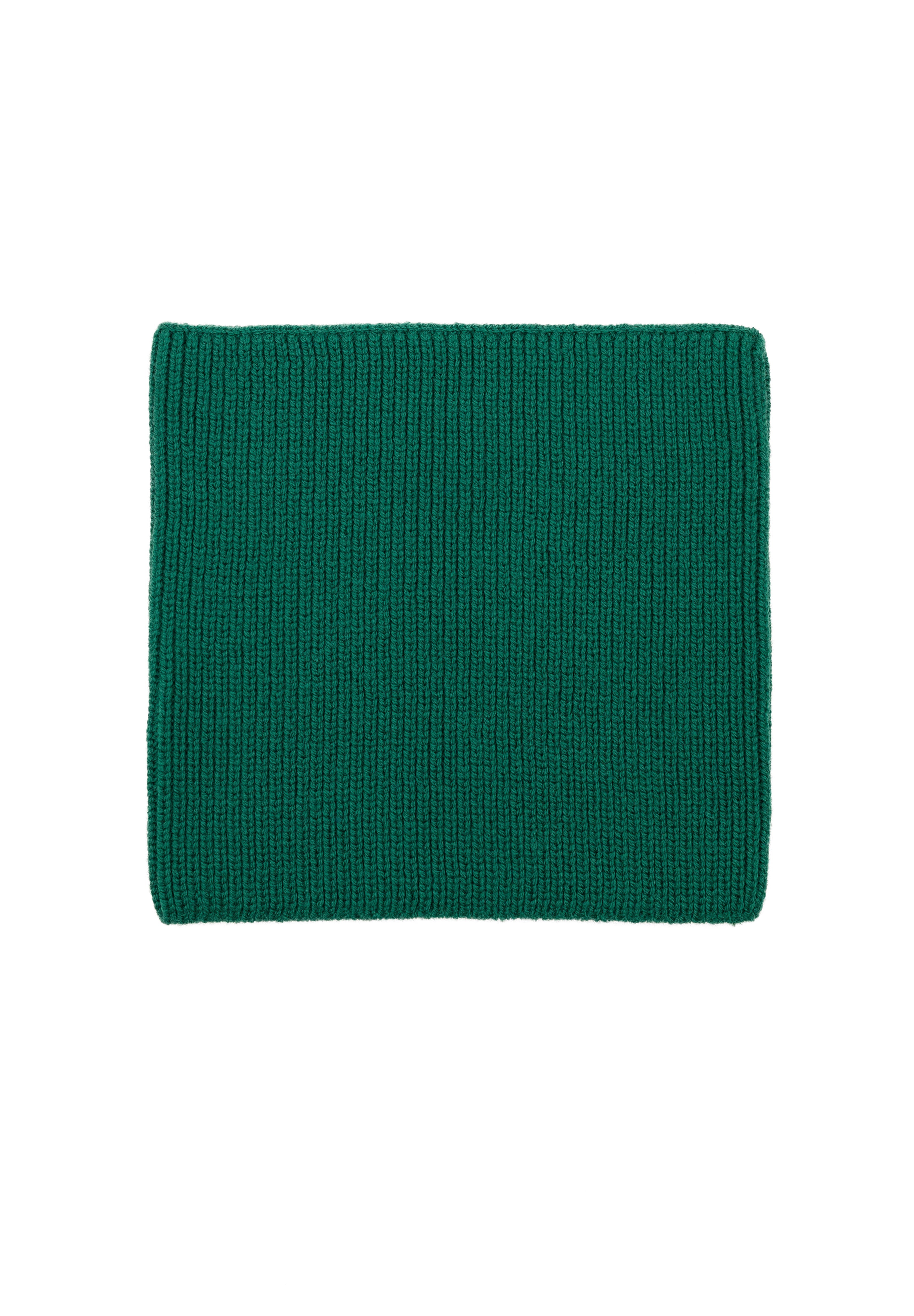 Kids merino wool snood in pine green, back view showing ribbed knit texture