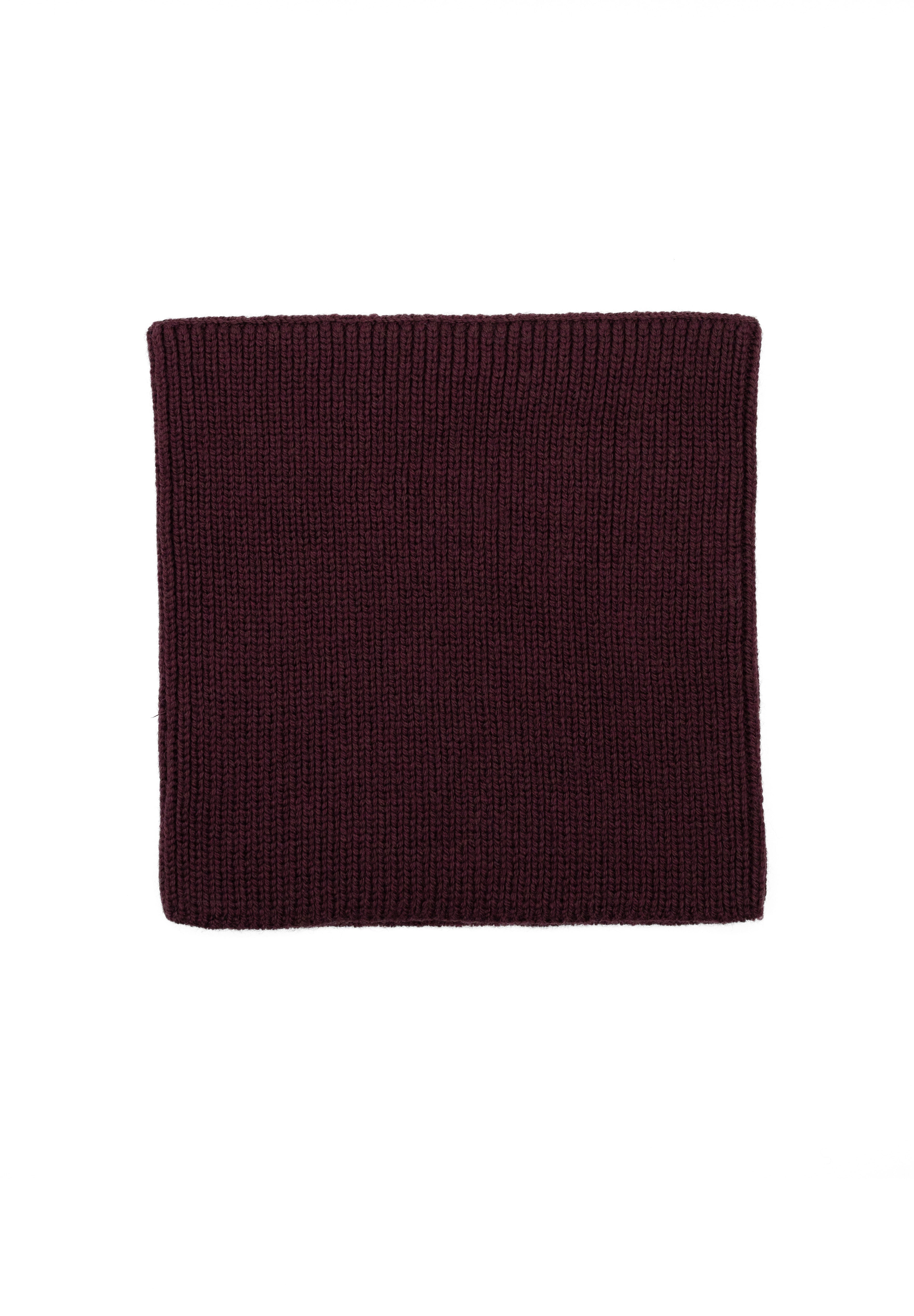 Kids merino wool snood in burgundy, back view showing ribbed knit texture