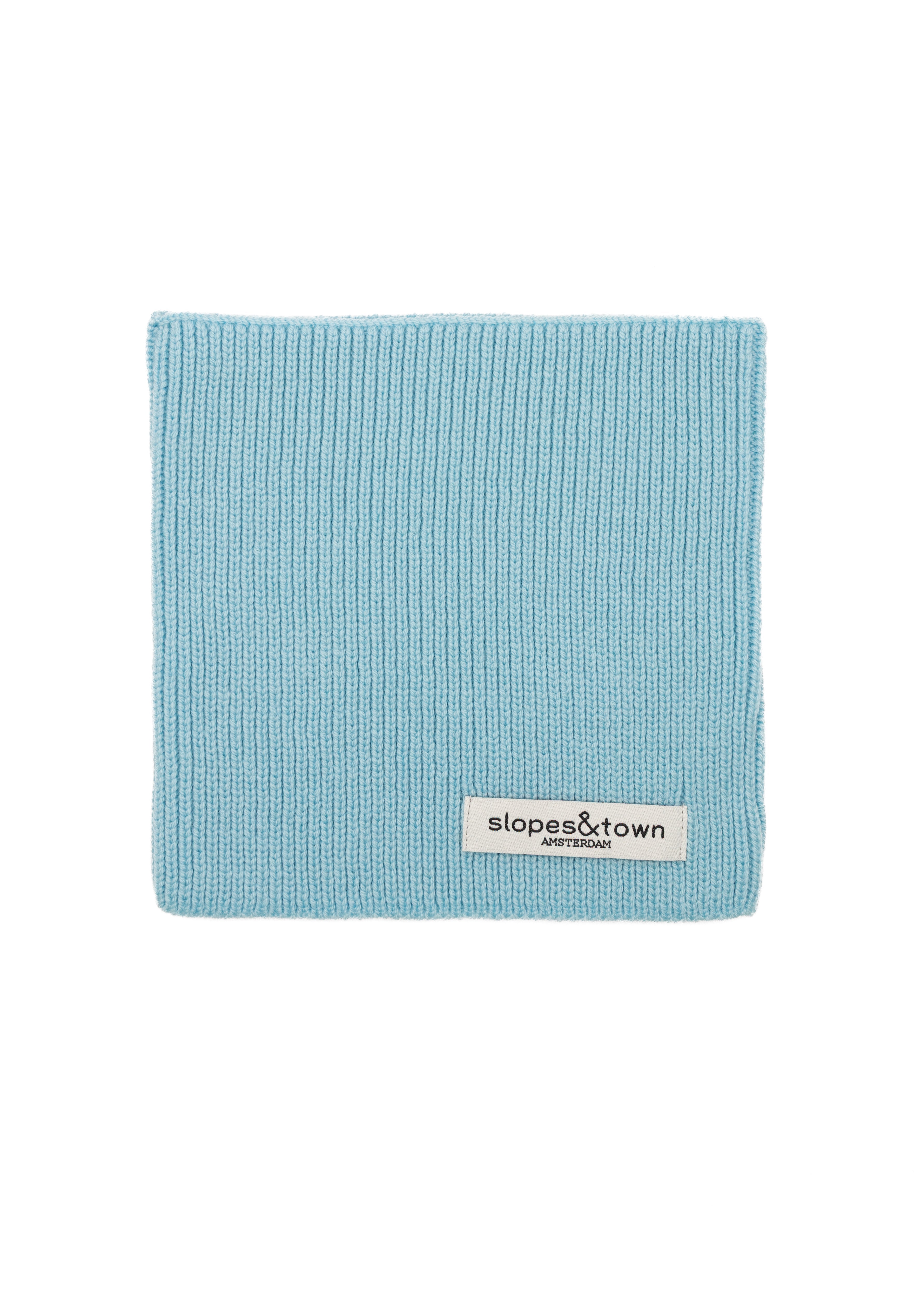 Kids merino wool snood in light blue, front view with Slopes and Town Amsterdam woven label