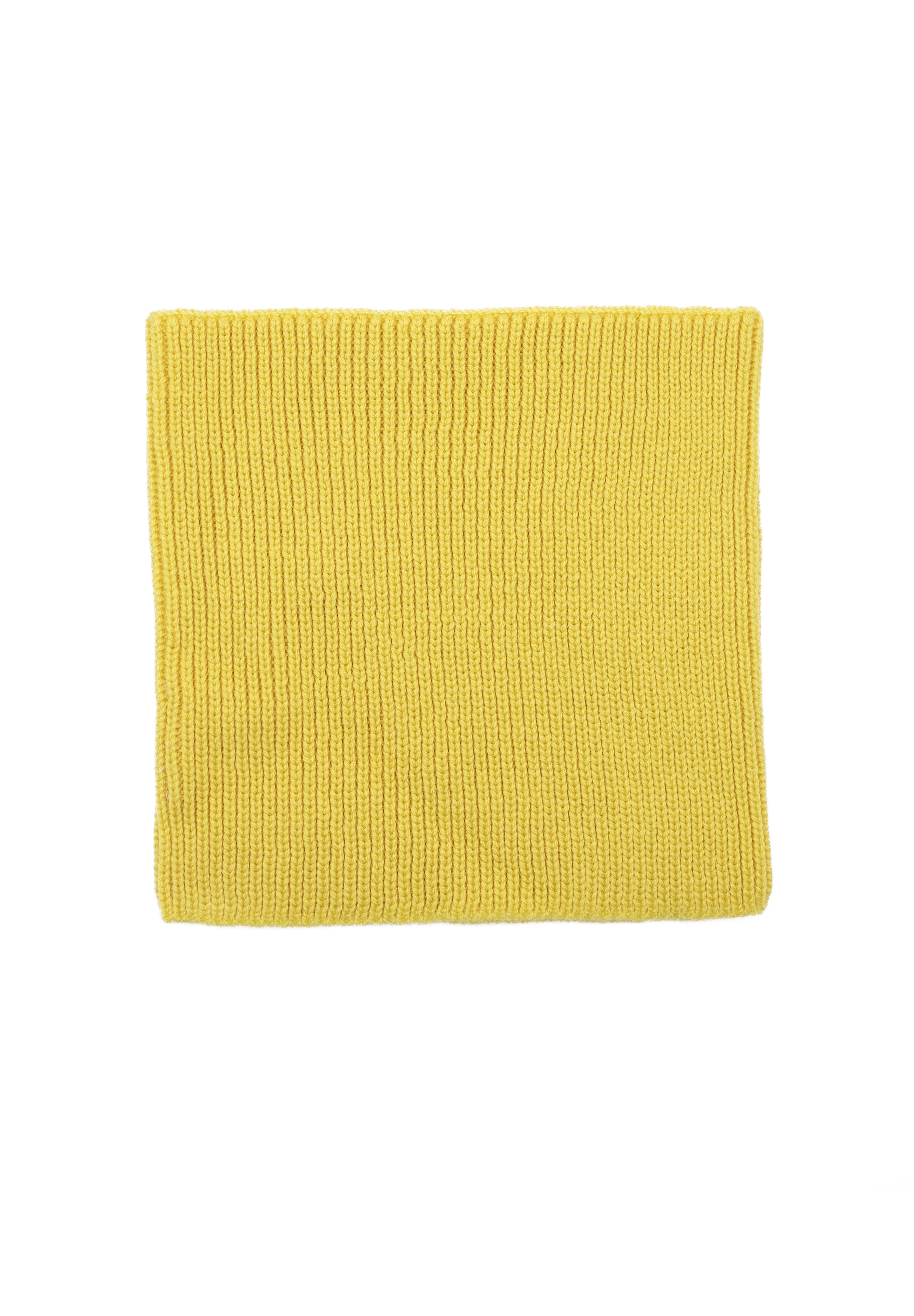 Kids merino wool snood in yellow, back view showing ribbed knit texture