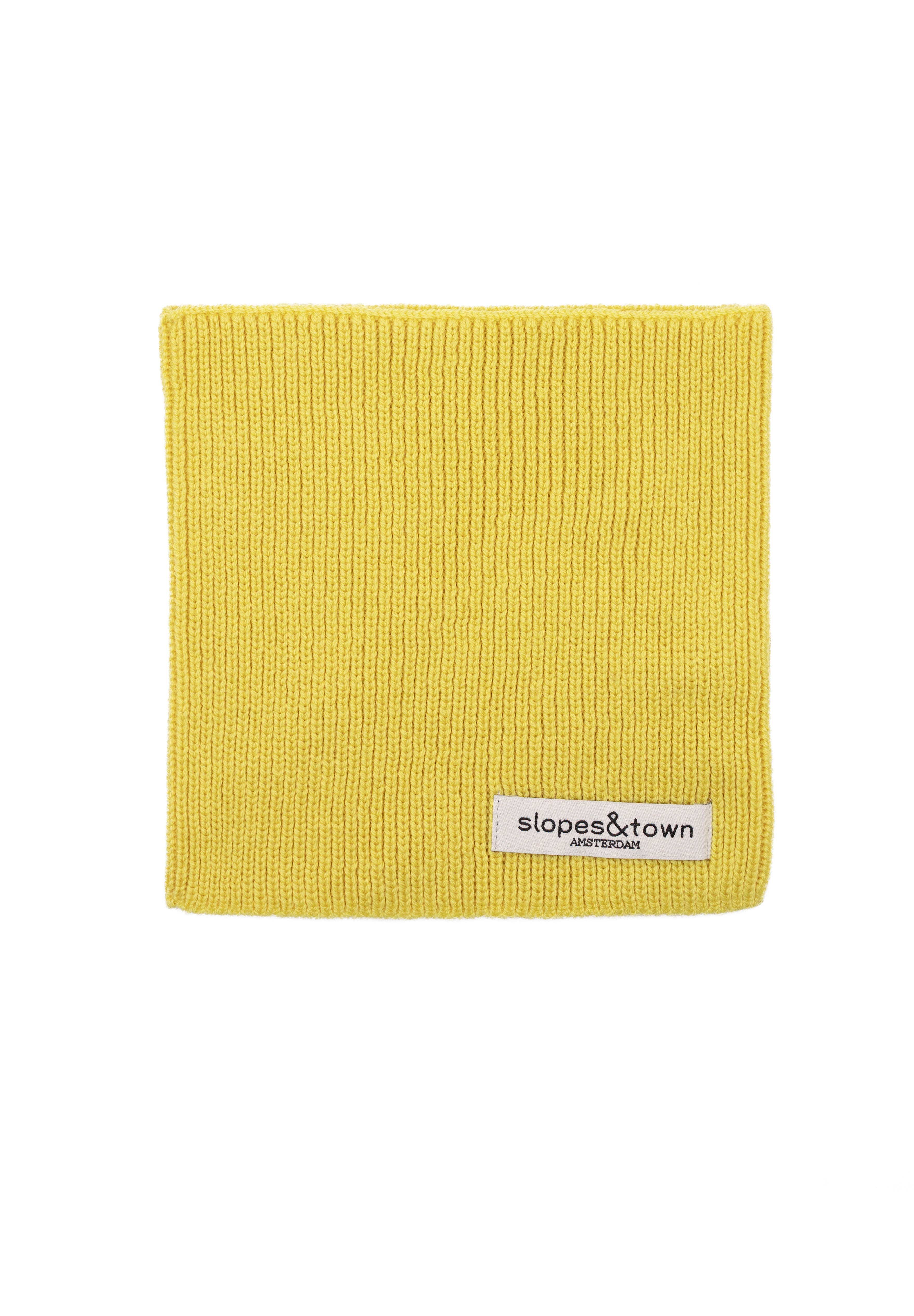 Kids merino wool snood in yellow, front view with Slopes and Town Amsterdam woven label