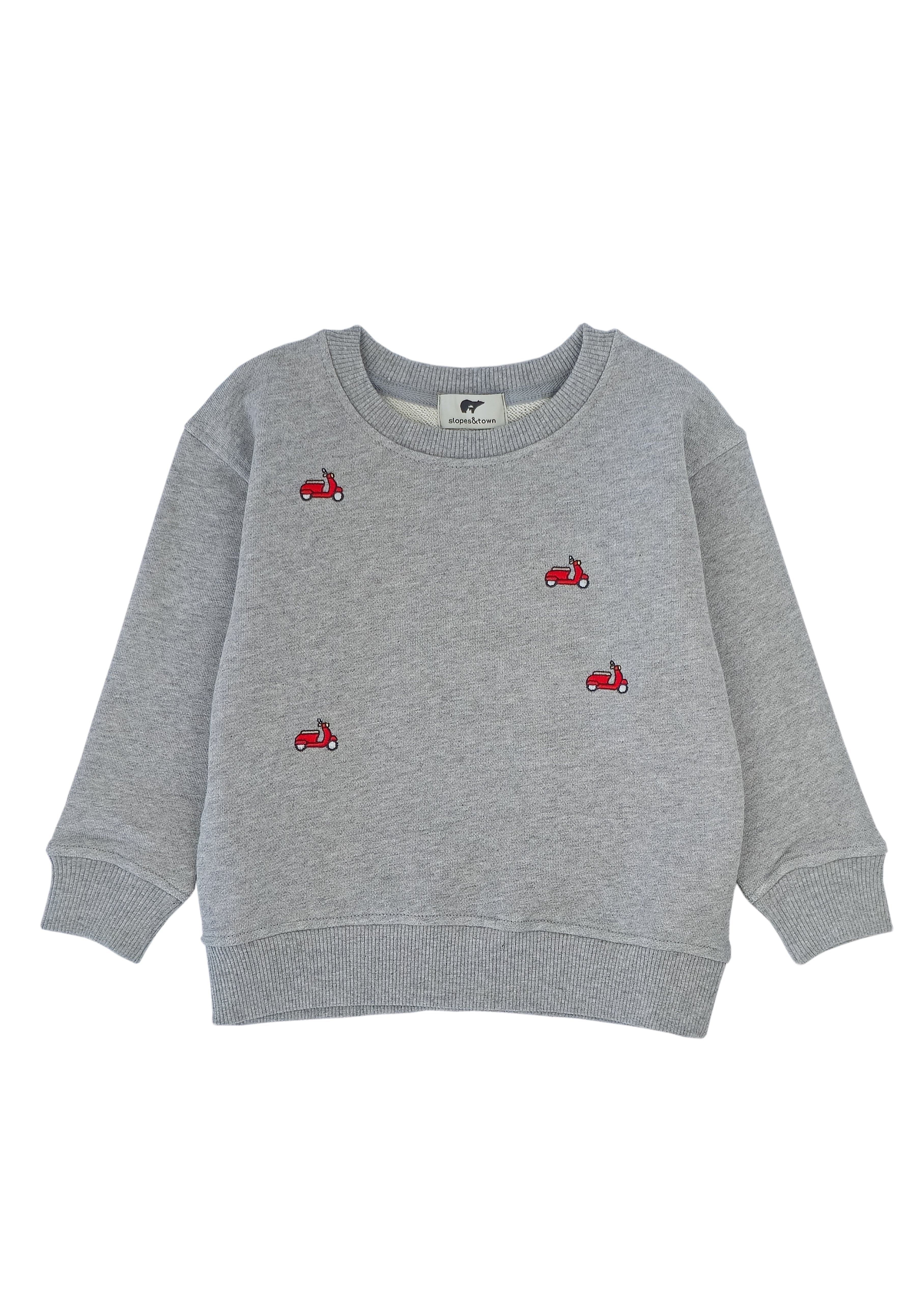 A heather gray long-sleeve crewneck sweatshirt featuring small embroidered red vespa on the front, displayed against a solid white background.