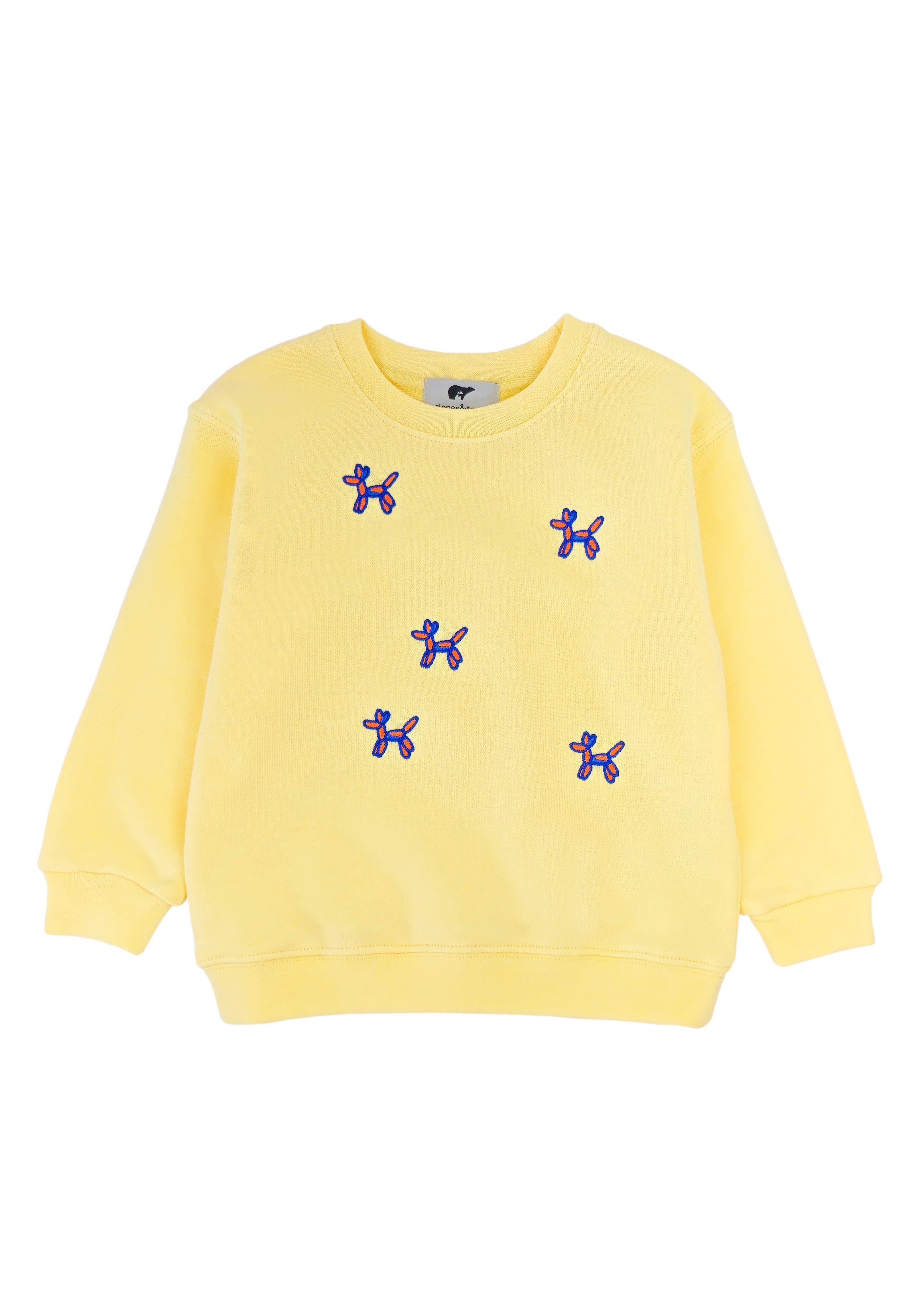 Slopes and Town kids' lemon yellow organic cotton sweatshirt with embroidered balloon dog design, front view