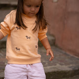 Child wearing Slopes and Town organic cotton sweatshirt with embroidered dog design
