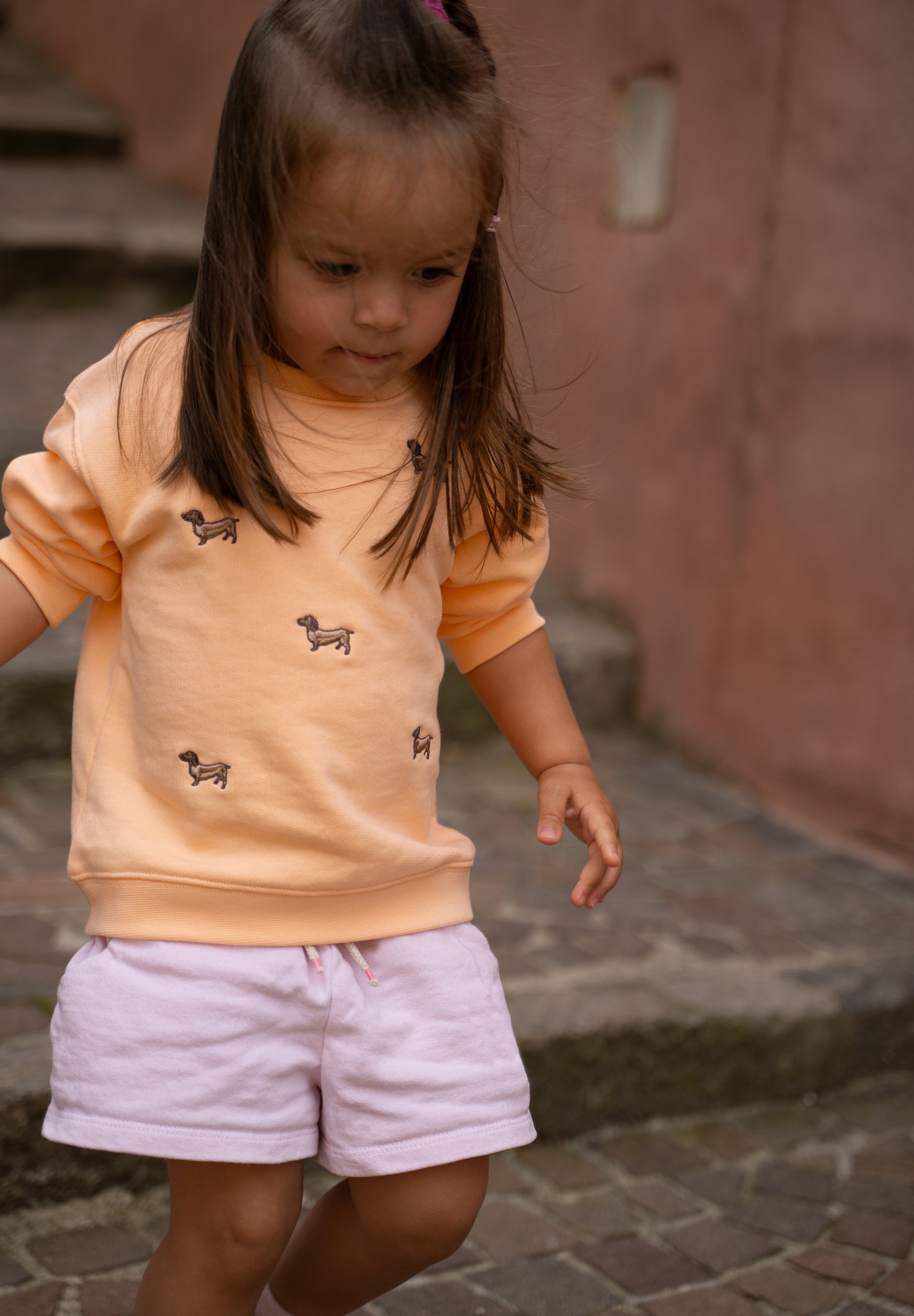 Child wearing Slopes and Town organic cotton sweatshirt with embroidered dog design