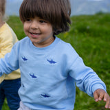 Child wearing light blue organic cotton shark sweatshirt