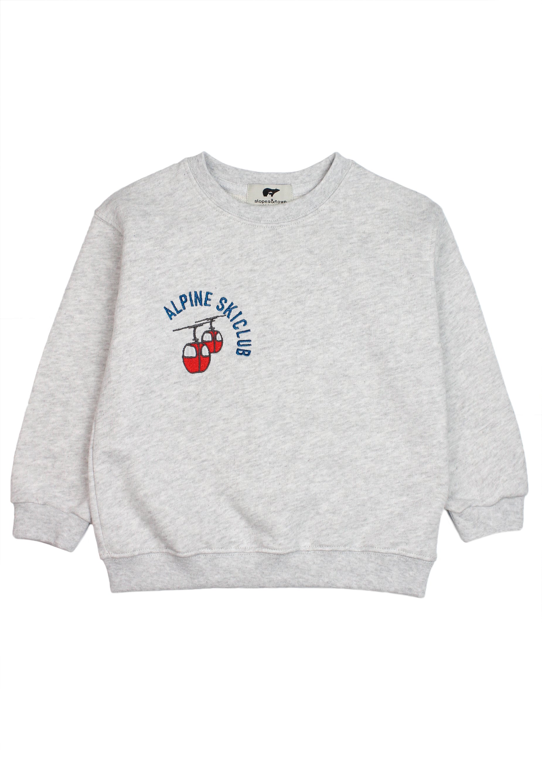Slopes and Town kids' grey organic cotton sweatshirt with red alpine ski gondola design
