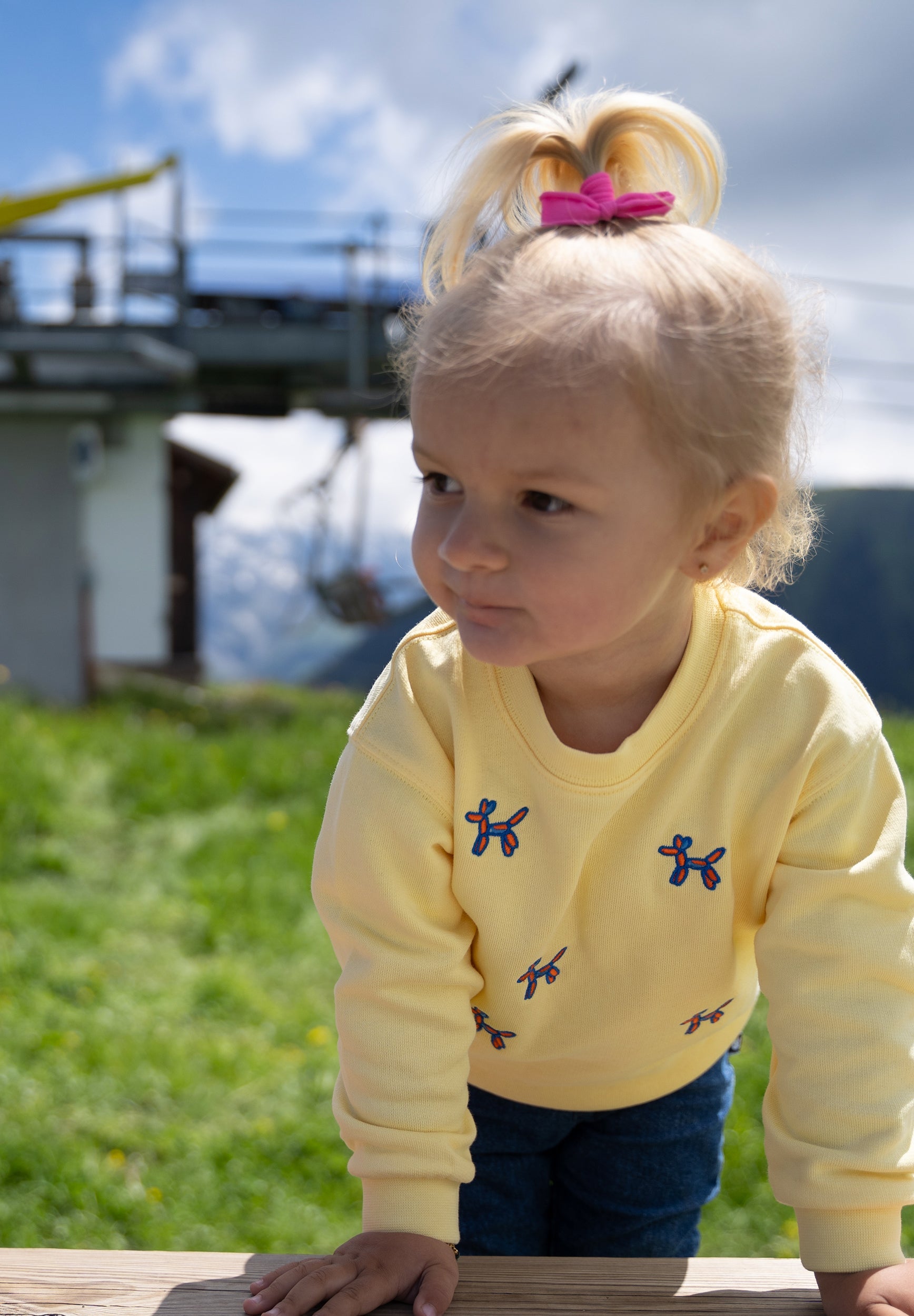 Child wearing lemon yellow organic cotton sweatshirt with balloon dog embroidery